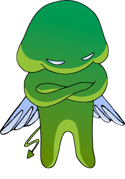 A small green winged figure with folded arms.