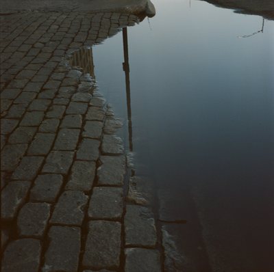 Photograph of a building reflected in a puddle between cobblestones.