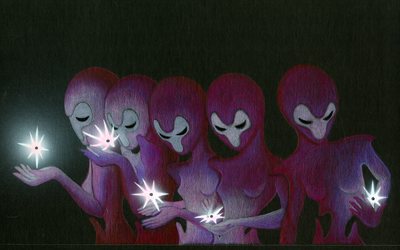 A row of magenta and violet alien figures, each cradling a small burst of light.
