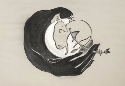 Ink drawing of a black crescent form pierced by an arrow, small figures curled at its centre.