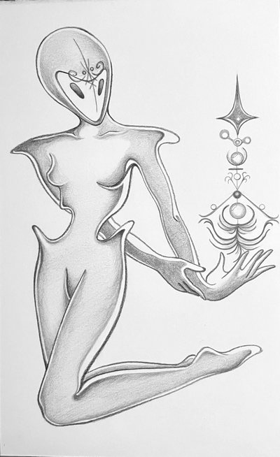 Pencil drawing of a seated alien figure holding a floating column of occult symbols.