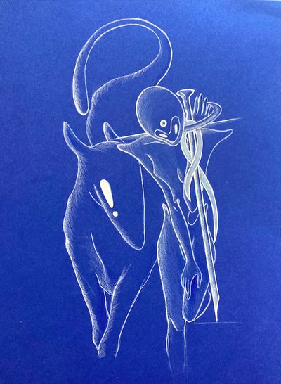White line drawing on blue paper of two entwined elongated figures.