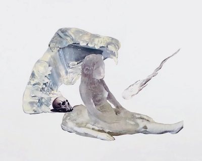 Watercolour collage of a reclining figure dissolving into pale washes, a small skull at its side.