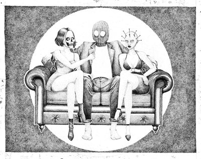 Graphite drawing of three seated figures on a sofa inside a circular vignette, their faces skeletal and masked.