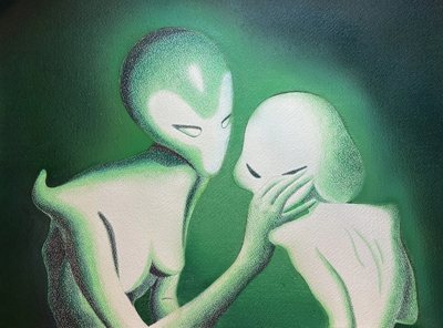 Two pale green figures in close embrace against a dark green ground.