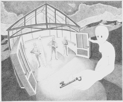 Graphite drawing of figures inside a greenhouse frame, a large hand holding a key in the foreground.