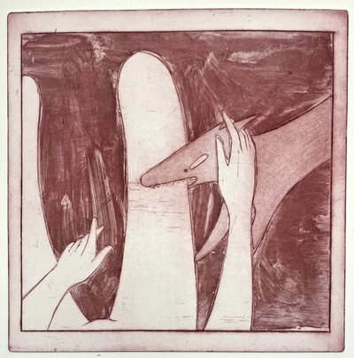 Maroon etching of an abstract figure reaching, with two hands entering from the edges.