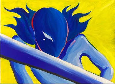 Graphic portrait in yellow and blue of a figure with flame-like hair leaning on a bar.