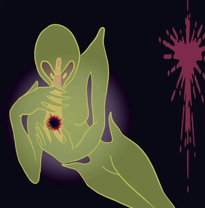 Digital painting of a yellow-green figure with a magenta starburst wound at the chest.