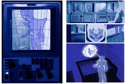 Grid of blue-toned digital images: CRT screens, wireframe rooms and interface panels.