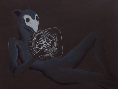Painting of a long-limbed grey creature reclining beside a glowing geometric sigil.