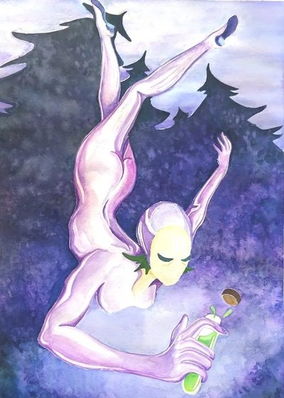 Painting in violet and pink of two figures falling through a night sky, one holding a small vial.