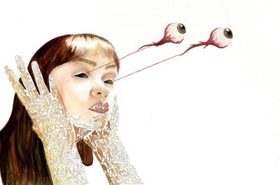 Portrait of a woman in lace gloves, her eyes extended from their sockets on long stalks.